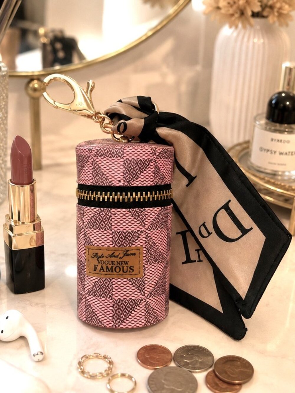 Mini Bag Charm Keychain Checkered Lipstick Earbuds Holder Scarf Zipper Pouch - Picture 3 of 5